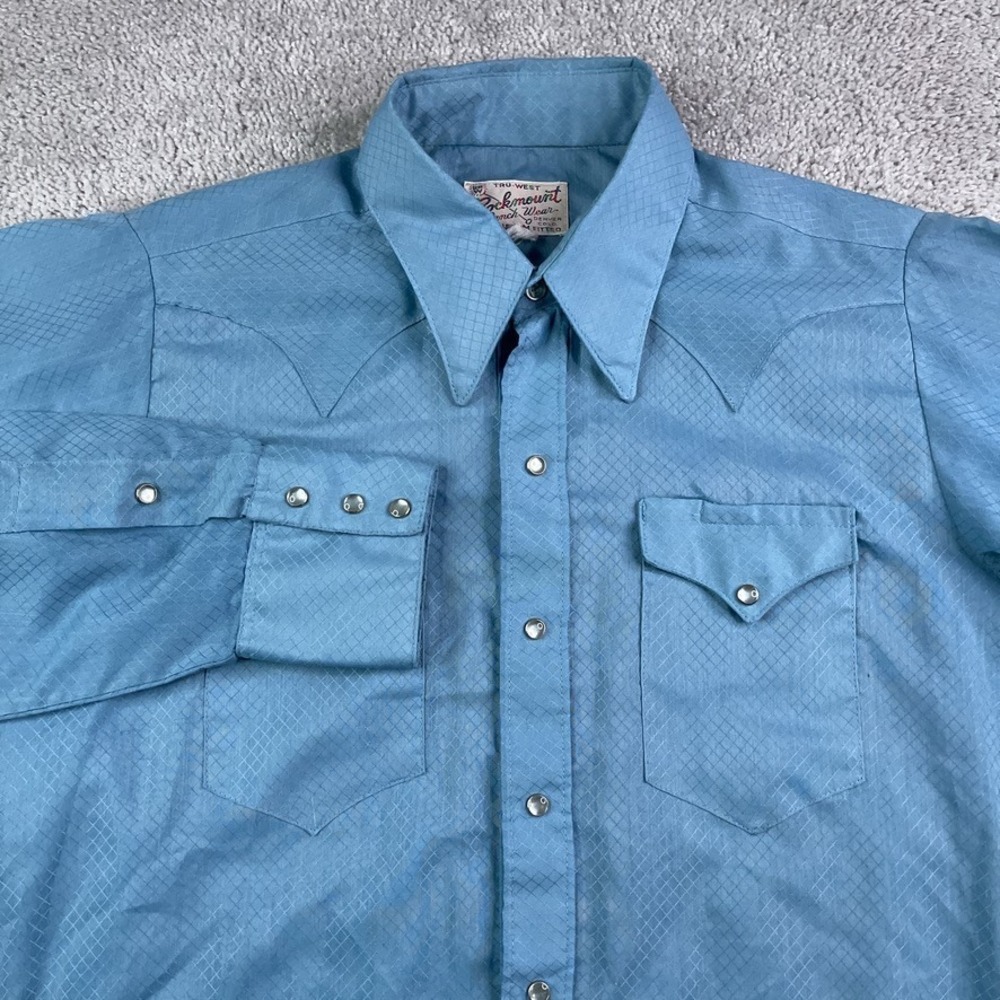 Vintage Rockmount Ranch Wear Shirt Mens Medium Blue Diamond Pearl Snap Western